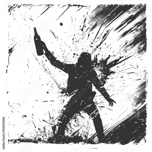 Black and white stencil illustration, Molotov cocktail, protester throwing burning bottle, revolution, vintage sketch, old engraving, political rebellion, street art, urban revolution print