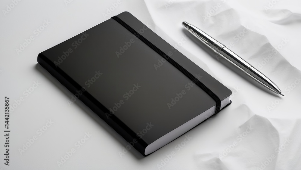 Ballpoint pen resting on a black notebook Ballpoint pen resting on a black notebook