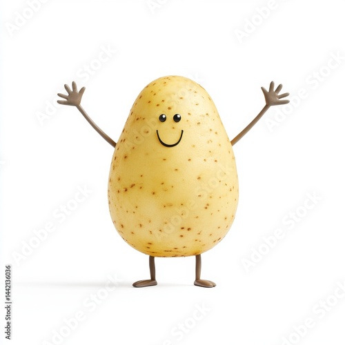 Cheerful cartoon potato character with smiling face and outstretched arms, designed for playful illustrations or promotional materials in food themes