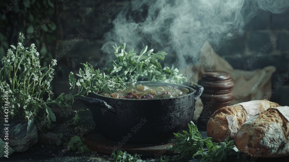 Rustic Cooking Scene with Herb Infused Stew and Fresh Bread Rustic Cooking Scene with Herb Infused Stew and Fresh Bread