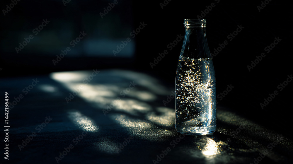 Clear glass bottle filled with water. Clear glass bottle filled with water.