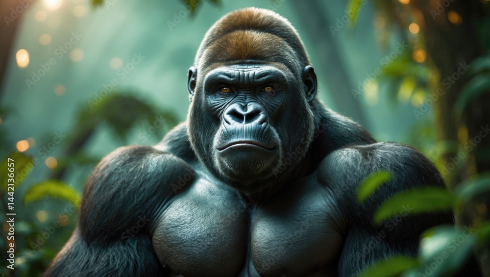 Fototapeta premium Gazing silverback gorilla male facing the camera