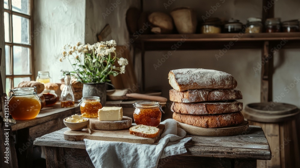 Naklejka premium Rustic Kitchen Scene with Fresh Bread, Butter, and Jams on Table