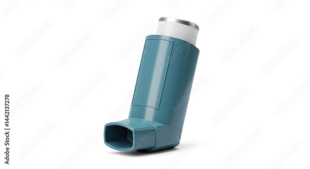 A turquoise asthma inhaler with a white top is positioned on a plain white surface in a studio shot A turquoise asthma inhaler with a white top is positioned on a plain white surface in a studio shot