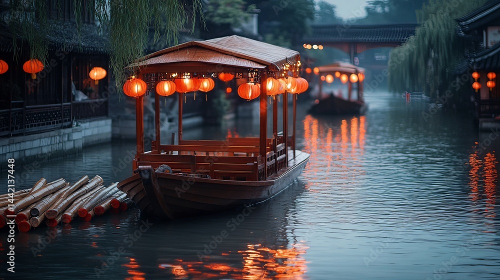 Obraz premium Tranquil evening boat ride ancient water town photography serene environment wide angle cultural experience