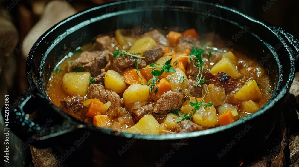 Hearty Meat Stew with Vegetables in Cast Iron Pot Steaming Hot Hearty Meat Stew with Vegetables in Cast Iron Pot Steaming Hot