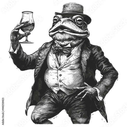 Retro illustration of a cheerful dancing frog in a tailcoat, holding a glass of wine, black and white, party frog, vintage logo, alcohol drink, joyful frog, emblem art design