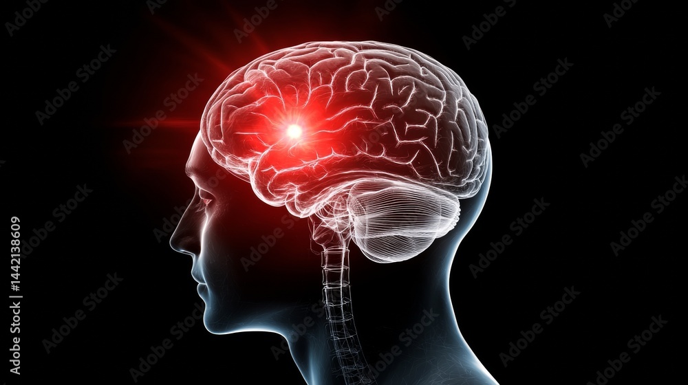 Obraz premium 3D Render of Human Brain with Neural Connections and Glowing Sparks on Dark Background