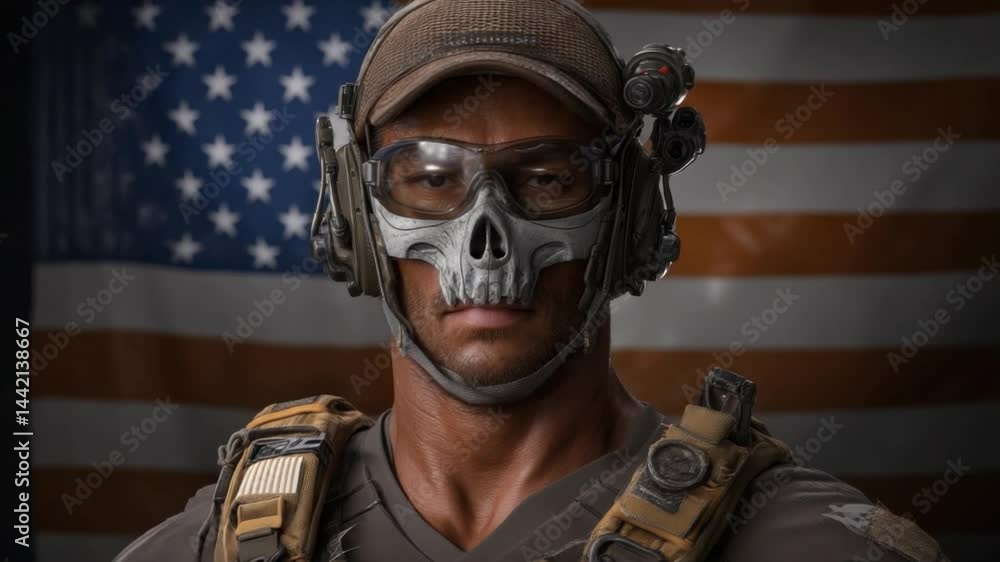 Defiant Guardian: A determined individual stands tall, adorned in tactical gear, with the symbol of strength displayed proudly. The image evokes a sense of resolute protection and patriotism. Defiant Guardian: A determined individual stands tall, adorned in tactical gear, with the symbol of strength displayed proudly. The image evokes a sense of resolute protection and patriotism.