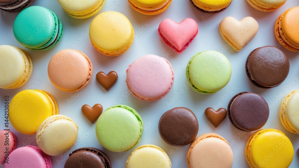 Fototapeta premium Sweet food design element featuring macaroons cake in a flat lay