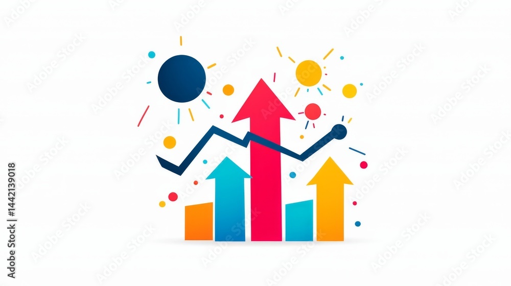 Colorful Flat Design Business Chart Featuring Growth Arrows and Abstract Shapes Colorful Flat Design Business Chart Featuring Growth Arrows and Abstract Shapes