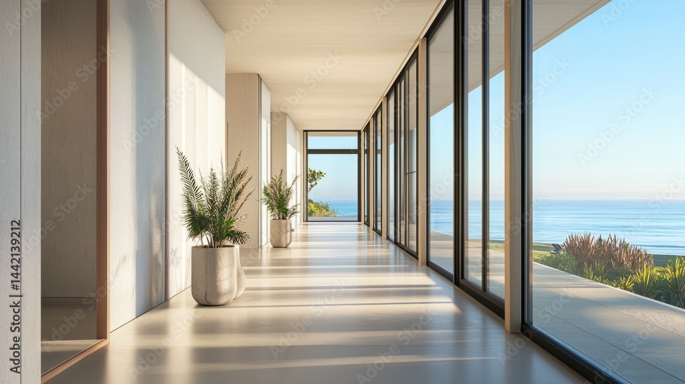 Fototapeta premium Modern Coastal Interior Design with Ocean View and Natural Light