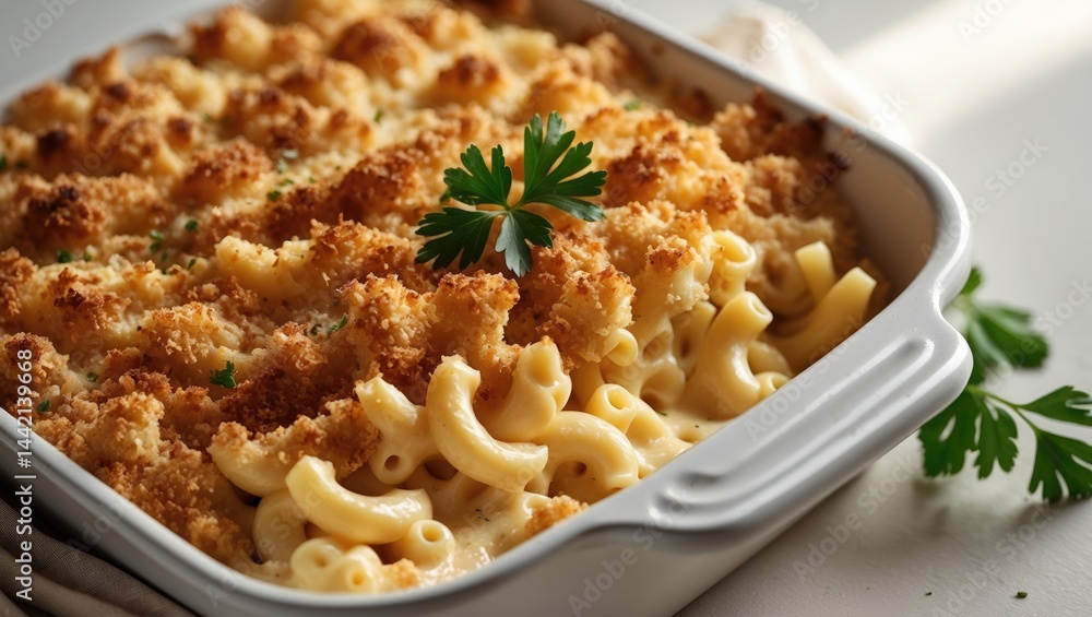 Top-down view of baked mac and cheese with breadcrumbs, copy space, creamy macaroni pasta with cheese sauce casserole