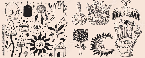 Hand-drawn vintage mystical and magic symbols illustration