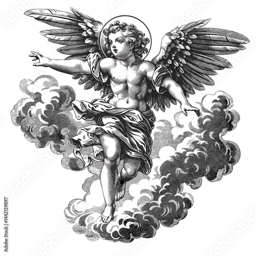 Flying angel in sky, Renaissance vintage engraving, sacred vector outline, isolated religious artwork, antique holy figure in clouds, spiritual illustration black and white