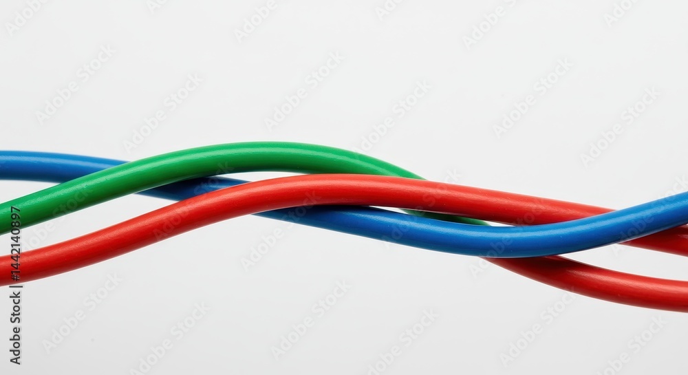 A close up of intertwined blue green and red electrical wires on a white background in studio shot A close up of intertwined blue green and red electrical wires on a white background in studio shot