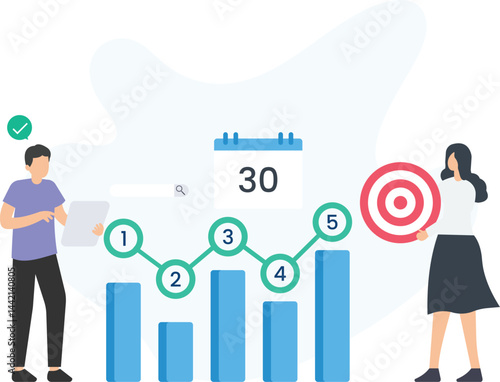 Businesspeople are analyzing a financial chart showing growth and progress towards a target, using a tablet and a calendar for scheduling and tracking

