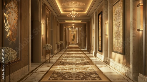 Luxurious hotel corridor with elegant decor and warm lighting design