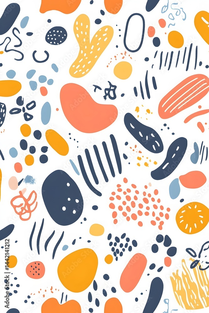 Happy and whimsical abstract pattern with playful doodles and geometric shapes. Happy and whimsical abstract pattern with playful doodles and geometric shapes.