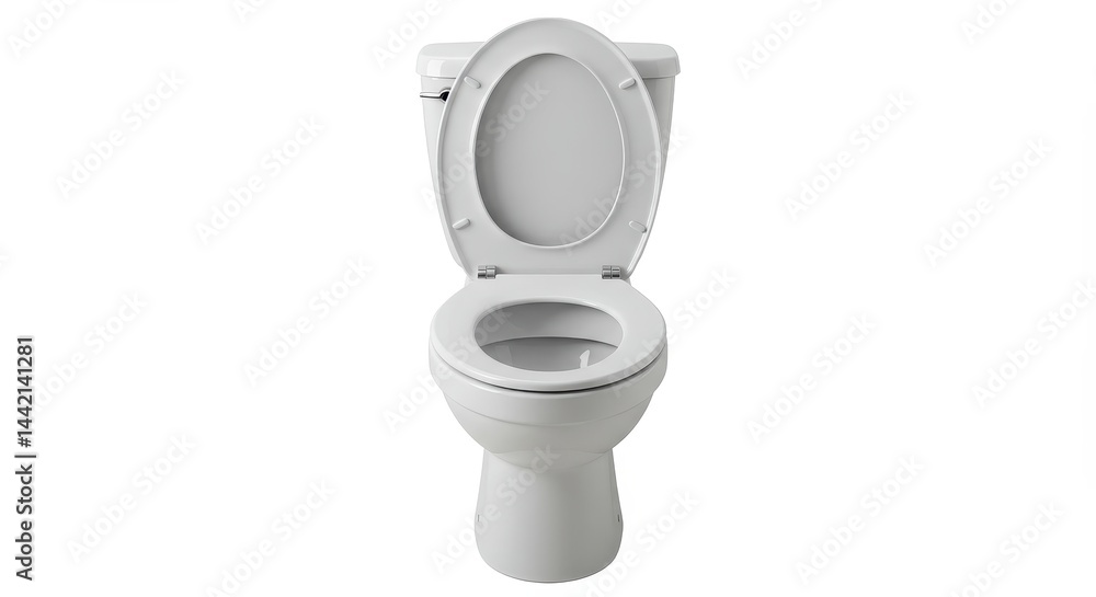 A front view of a white toilet with the seat up against a white background in a studio setting A front view of a white toilet with the seat up against a white background in a studio setting