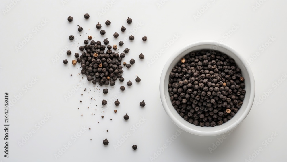 Flat lay of black peppercorns in a ceramic bowl, broken, viewed from above on background. Flat lay of black peppercorns in a ceramic bowl, broken, viewed from above on background.