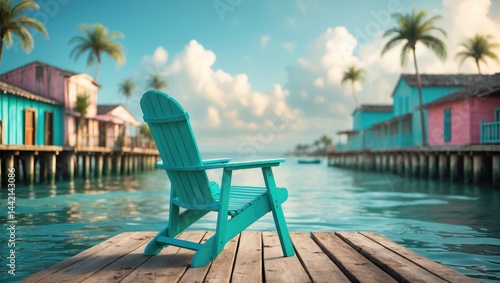 Seating on the beach at a pier or dock featuring vibrant houses  water  and palm trees in the background
