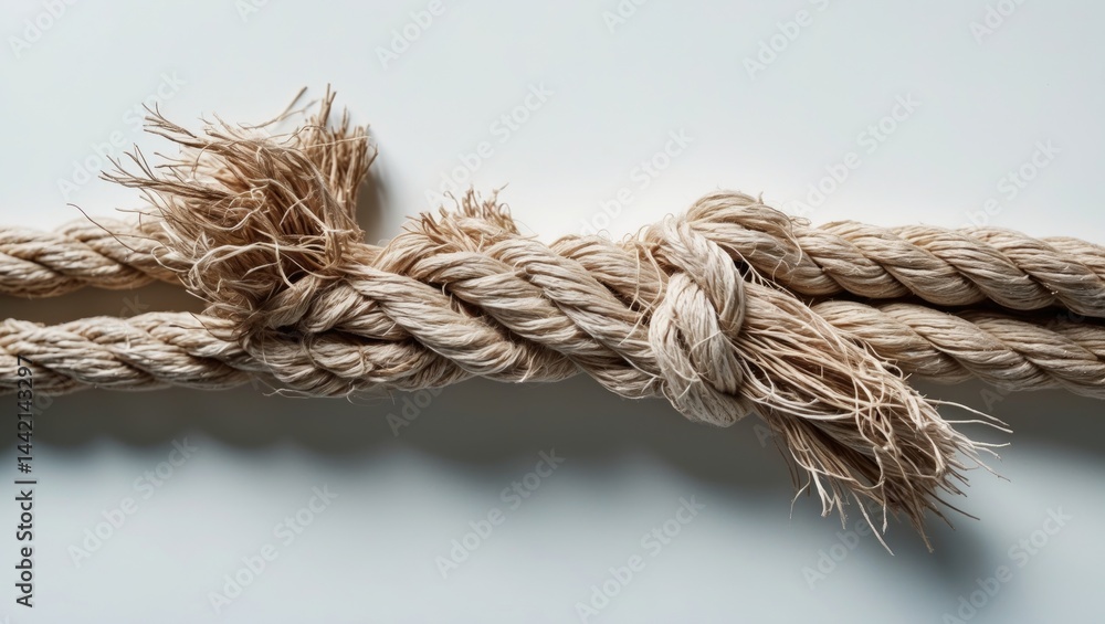 Frayed rope nearing its breaking point. Isolated on white Frayed rope nearing its breaking point. Isolated on white