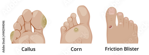 Callus, corn and friction blister affecting human foot skin