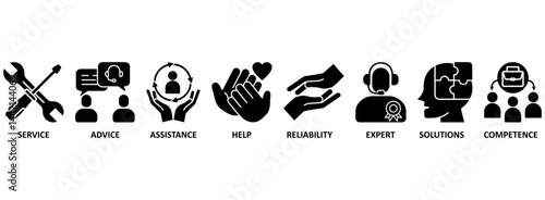 Support banner web icon vector illustration concept with icon of service, advice, assistance, help, reliability, expert, solutions and competence