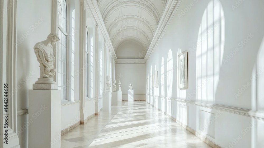 Elegant Gallery Corridor with Natural Light and Classic Sculptures Elegant Gallery Corridor with Natural Light and Classic Sculptures