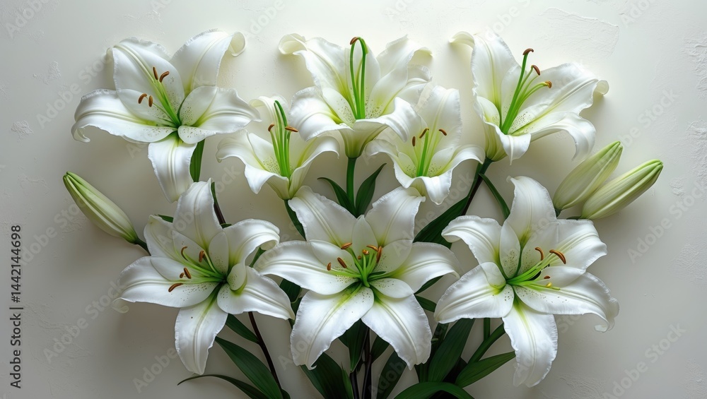Fototapeta premium Pure white lily flowers showcased on a white backdrop