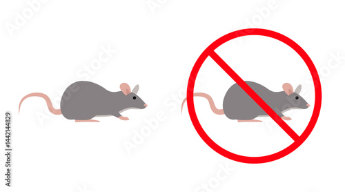 Gray rat and no rats sign representing deratization and pest control