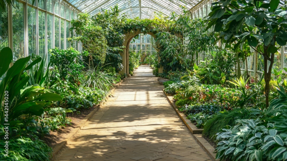 Lush Greenhouse Pathway Surrounded by Vibrant Plants and Foliage Lush Greenhouse Pathway Surrounded by Vibrant Plants and Foliage