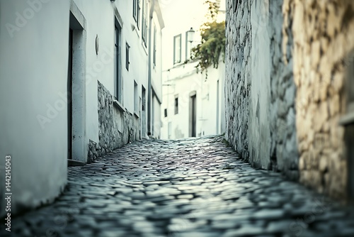 Cobblestone street view between weathered white buildings in Obidos, Portugal