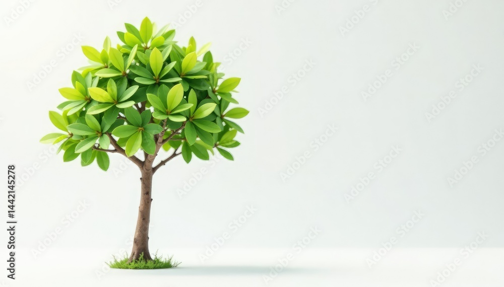 Obraz premium Young tree, delicate leaves, thin trunk, white backdrop, nature, small