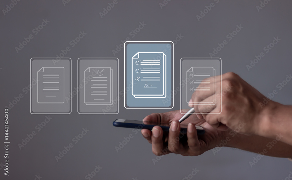 Hand Young man with smartphone mobile and using a pen touching to sign a Electronic signature, Contract signing, Online Business Contract, Digital documents, Future smart contract Hand Young man with smartphone mobile and using a pen touching to sign a Electronic signature, Contract signing, Online Business Contract, Digital documents, Future smart contract