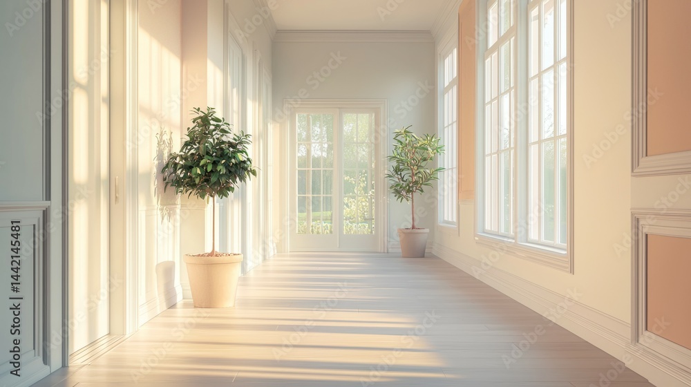 Bright and Airy Hallway with Sunlight and Indoor Plants Bright and Airy Hallway with Sunlight and Indoor Plants