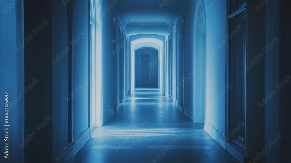 Fototapeta premium Blue Tone Hallway with Soft Light and Elegant Archways
