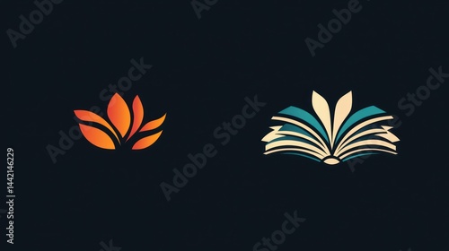 Two symbolic book  designs on a dark background.