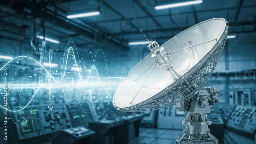 High-tech satellite dish receiving signals in a modern control room with screens and equipment High-tech satellite dish receiving signals in a modern control room with screens and equipment