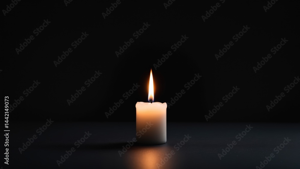 Illuminated small white candle with a flame burning on a dark table surface with copy space in the background Illuminated small white candle with a flame burning on a dark table surface with copy space in the background