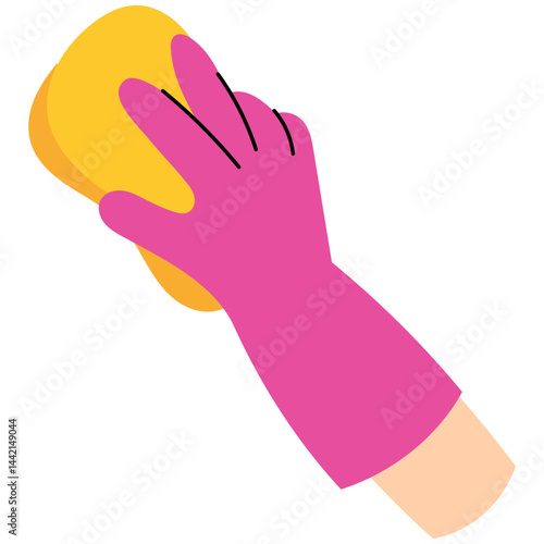 Hand In glove holds cleaning sponge.  Hand wearing a pink rubber glove holding a yellow cleaning sponge, representing cleaning, hygiene, and household chores.