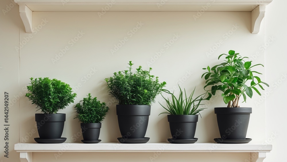 White shelves holding a black flowerpot White shelves holding a black flowerpot