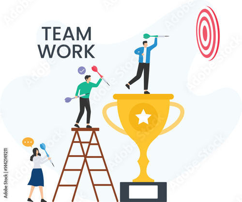 Business people are throwing darts at a target while standing on a large trophy, symbolizing teamwork, collaboration, and the pursuit of achieving goals together

