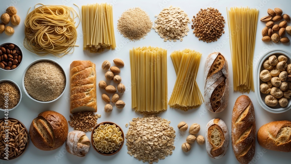 Big selection of pasta, bread, and nuts isolated against white backdrop Big selection of pasta, bread, and nuts isolated against white backdrop
