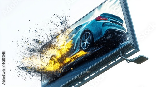 outdoor ledscreen sign with a realistic car jumping out from billboard in 3D effect, vibrant colors blue and yellow , dramatic motion blur, the car's wheels and front end appearing to burst through th