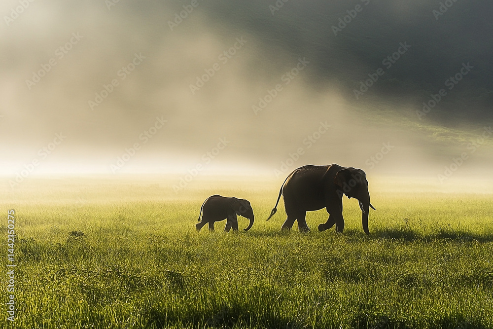 Elephant family walking in a green field with a misty background landscape