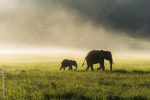 Obraz na płótnie Elephant family walking in a green field with a misty background landscape w salonie