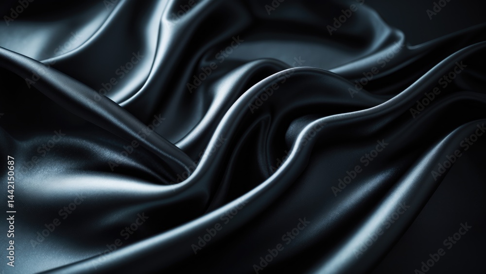 Obraz premium Abstract background of black nacre wave silk fabric. Horizontal texture with copy space.