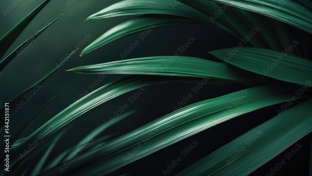 Obraz premium Natural green palm leaf in dark tones amidst rainy season, perfect as a backdrop or wallpaper for design purposes.